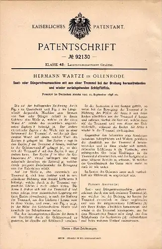 Original Patentschrift - H. Wartze in Ollenrode b. Stara Ruda / Graudenz , 1896 , Saat- und Düngerstreumaschine , Agrar