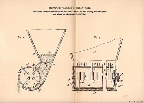 Original Patentschrift - H. Wartze in Ollenrode b. Stara Ruda / Graudenz , 1896 , Saat- und Düngerstreumaschine , Agrar