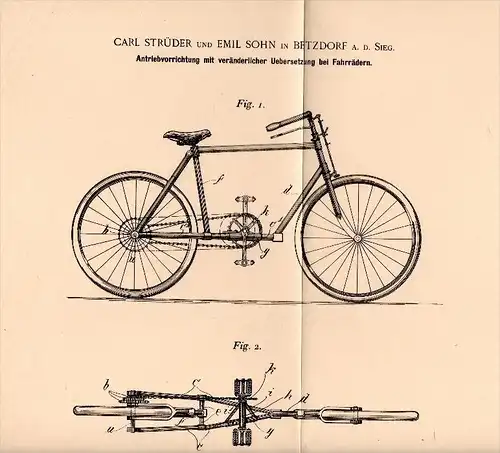 Original Patentschrift - Carl Strüder und E. Sohn in Betzdorf a.d. Sieg ,1896, Antrieb für Fahrräder , Fahrrad , bicycle