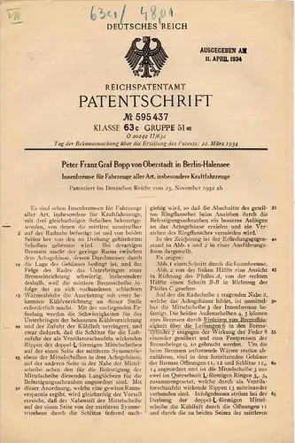 Original Patentschrift - P.F. Graf Bopp von Oberstadt in Berlin - Halense , 1932 , Bremse für Kraftfahrzeuge , Automobil