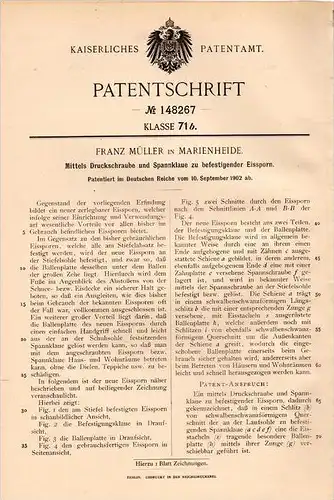 Original Patentschrift - F. Müller in Marienheide b. Köln , 1902 , Eissporn für Schuhe bei schnee und Eis , Schuster !!!