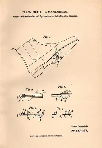 Original Patentschrift - F. Müller in Marienheide b. Köln , 1902 , Eissporn für Schuhe bei schnee und Eis , Schuster !!!