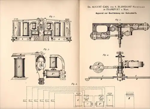 Original Patentschrift - Dr. A. Carl und R. Blänsdorf in Frankfurt a.M., 1890 , Sehschärfe - Apparat , Augenarzt , Auge