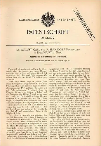 Original Patentschrift - Dr. A. Carl und R. Blänsdorf in Frankfurt a.M., 1890 , Sehschärfe - Apparat , Augenarzt , Auge