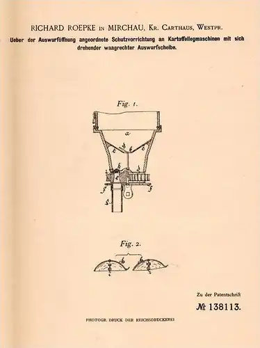 Original Patentschrift - R. Roepke in Mirchau / Mirachowo ,1902, Westpreussen , Apparat für Kartoffel - Maschine , Agrar