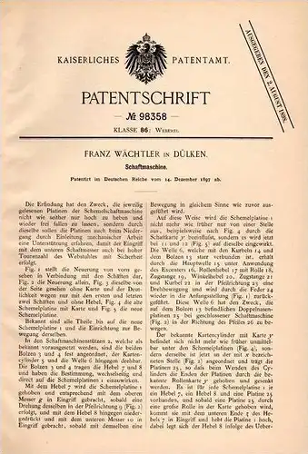 Original Patentschrift - F. Wächtler in Dülken b. Viersen , 1897 , Schaftmaschine , Weberei , Webstuhl !!!