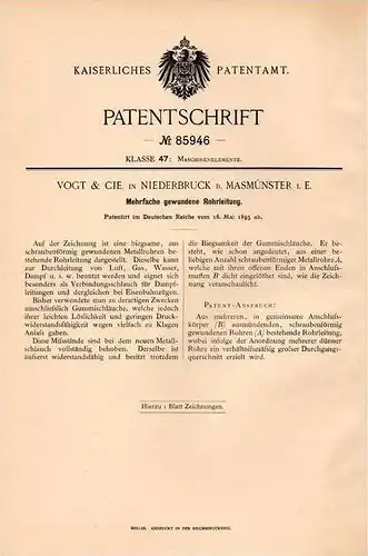 Original Patentschrift - Vogt & Cie in Niederbruck b. Masmünster i.E., 1895 , Leitung für Dampf , Gas , Masevaux !!!