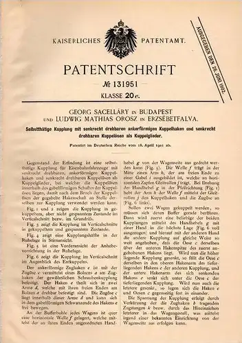 Original Patentschrift - M. Orosz in Erzsébetfalva und Budapest , 1901 , Kupplung für Eisenbahn !!!