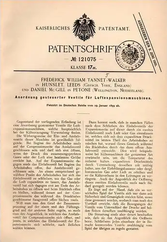 Original Patentschrift - F. Tannett in Hunslet , Leeds und Petone , 1899 , Luft - Expansionsmaschine , Ventile !!!