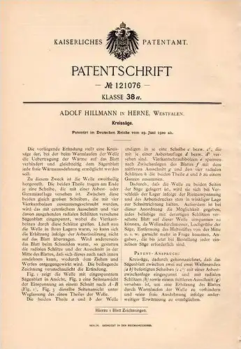 Original Patentschrift - A. Hillmann in Herne , Westf., 1900 , Kreissäge , Säge , Sägewerk , Tischlerei !!!