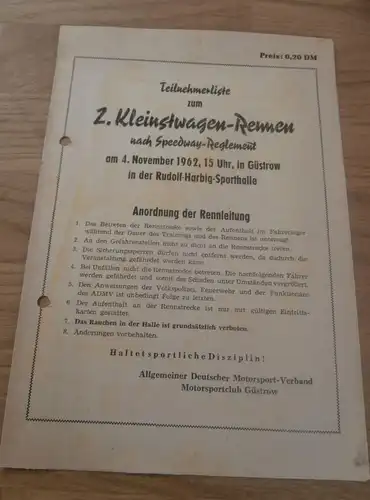 Kleinwagen - Rennen in Güstrow , 4.11.1962 , Mecklenburg , Programmheft / Programm / Rennprogramm , program !!!