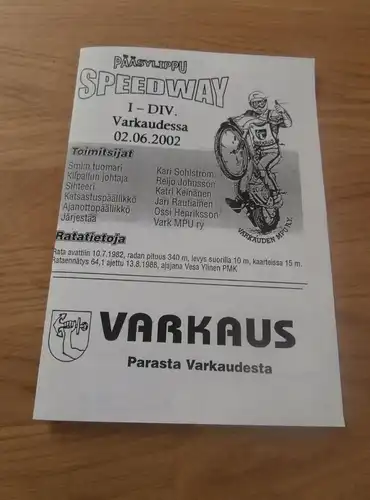 Speedway Varkaudessa / Finnland , 2.6.2002 , Programmheft / Programm / Rennprogramm , program !!!