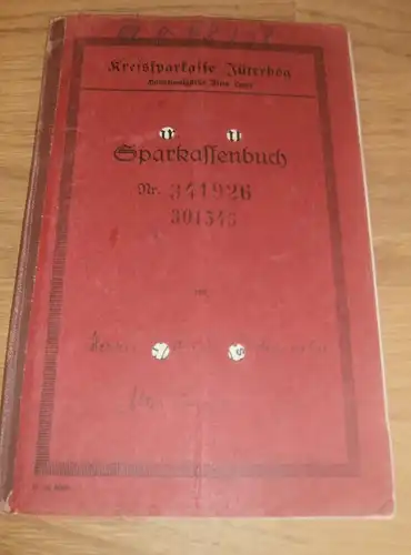 altes Sparbuch Jüterbog / Altes Lager , 1939 - 1943 , Dietrich Lademacher , Hindenburgstraße 4 ,Sparkasse , Bank !!!