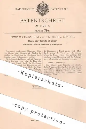 original Patent - Pompeo Guadagnini | T. K. Bellis , London , England , 1900 , Zigarre oder Zigarette mit Zünder | Tabak