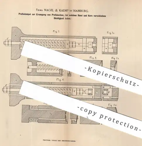 original Patent - Nagel & Kaemp , Hamburg , 1887 , Pressstempel zur Erzeugung von Presskuchen | Presse , Ton , Pressen
