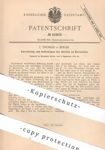 original Patent - L. Thomas , Berlin , 1887 , Aufschlagen von Deckel an Bierseidel | Bier , Krug , Glas , Fass !!
