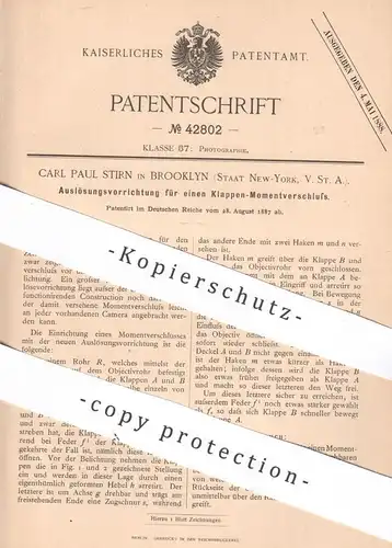 original Patent - Carl Paul Stirn , New York , Brooklyn , USA , 1887 , Auslöser für Klappen - Momentverschluss | Kamera