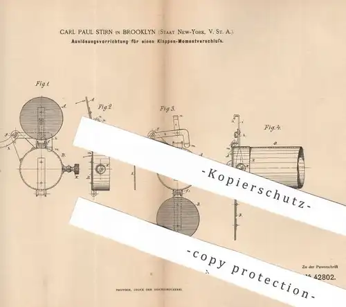 original Patent - Carl Paul Stirn , New York , Brooklyn , USA , 1887 , Auslöser für Klappen - Momentverschluss | Kamera