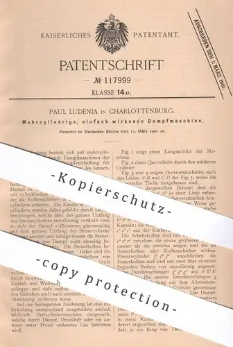 original Patent - Paul Ludenia , Berlin / Charlottenburg , 1900 , Mehrzylindrige, einfach wirkende Dampfmaschine | Motor