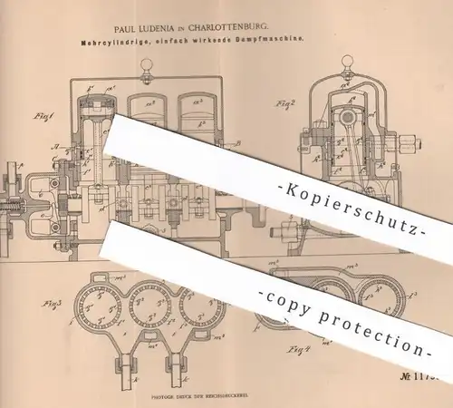 original Patent - Paul Ludenia , Berlin / Charlottenburg , 1900 , Mehrzylindrige, einfach wirkende Dampfmaschine | Motor