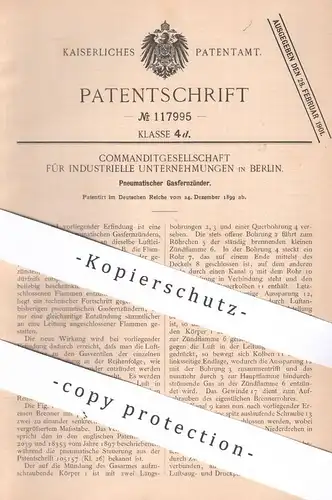 original Patent - KG für industrielle Unternehmungen Berlin , 1899 , Pneumatischer Gasfernzünder | Gas Zünder | Brenner