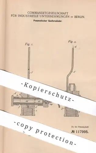 original Patent - KG für industrielle Unternehmungen Berlin , 1899 , Pneumatischer Gasfernzünder | Gas Zünder | Brenner