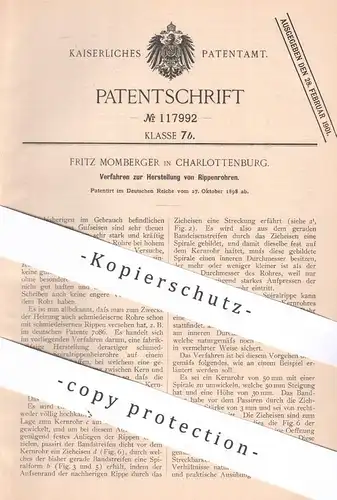 original Patent - Fritz Momberger , Berlin / Charlottenburg , 1898 , Herstellung von Rippenrohr | Rohr , Rohre , Eisen