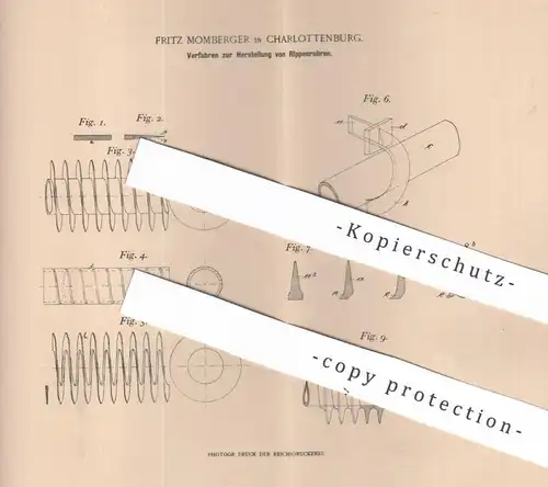 original Patent - Fritz Momberger , Berlin / Charlottenburg , 1898 , Herstellung von Rippenrohr | Rohr , Rohre , Eisen