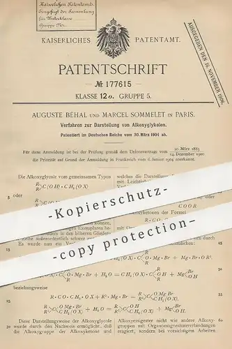 original Patent - Auguste Béhal & Marcel Sommelet , Paris , Frankreich | Darst. von Alkoxyglykolen | Chemie , Aldehyd
