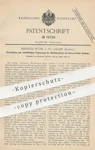 original Patent - Heinrich Spühl , St. Gallen , Schweiz , 1893 , Fadenanzug an Strickmaschinen | Heilmann | Nähmaschine