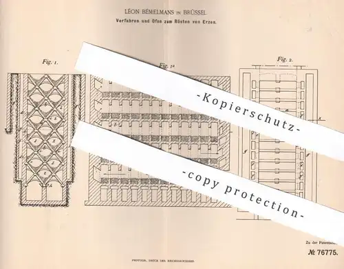 original Patent - Léon Bémelmans , Brüssel , Belgien , 1893 , Ofen zum Rösten von Erzen | Erz , Hüttenofen , Öfen !!