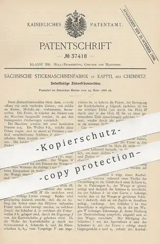 original Patent - Sächsische Stickmaschinenfabrik , Kappel / Chemnitz , 1886 , Zinkenfräsmaschine | Fräse , Holz !!