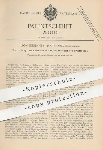 original Patent - Léon Lefebvre , Tourcoing , Frankreich , 1892 , Aufzeichnen der Ankunftszeit von Brieftauben | Tauben
