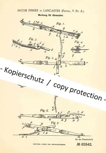 original Patent - Jacob Fisher , Lancaster , Pennsylvania , USA , 1891 , Werkzeug für Uhrmacher | Uhr , Uhren , Schmuck