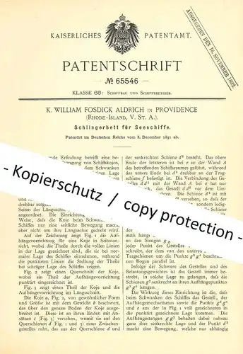 original Patent - K. William Fosdick Aldrich , Providence Rhode Island , USA , 1891 , Schlingerbett für Schiffe | Schiff