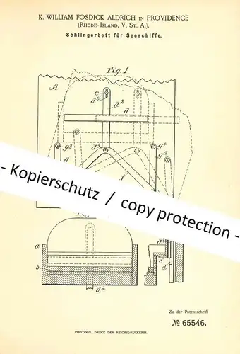 original Patent - K. William Fosdick Aldrich , Providence Rhode Island , USA , 1891 , Schlingerbett für Schiffe | Schiff