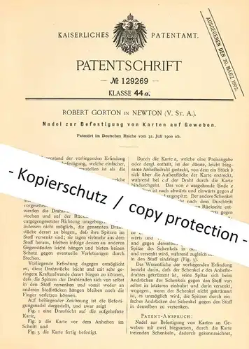 original Patent - Robert Gorton , Newton , USA , 1900 , Nadel zur Befestigung von Karten | Etikett , Preis , Reklame !!