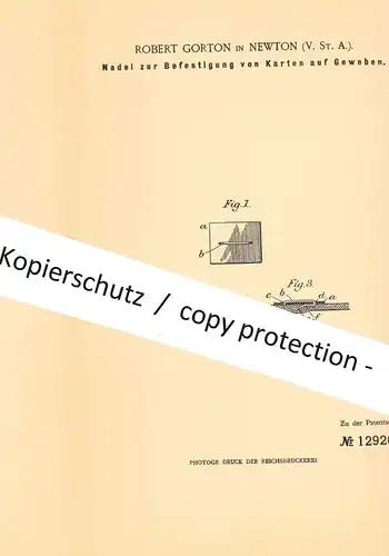 original Patent - Robert Gorton , Newton , USA , 1900 , Nadel zur Befestigung von Karten | Etikett , Preis , Reklame !!