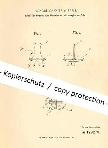 original Patent - Honoré Garnier , Paris , Frankreich , 1900 , Knopf für Hemden oder Manschetten | Knöpfe , Schneider