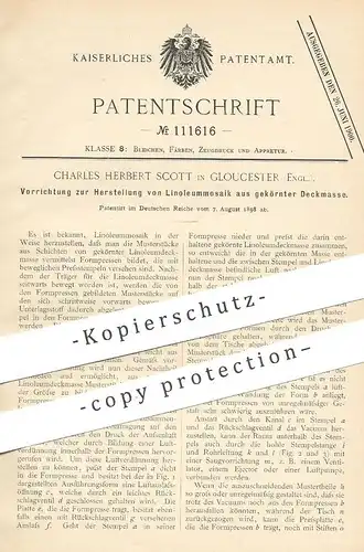 original Patent - Charles Herbert Scott , Gloucester , England , 1898 , Linoleum - Mosaik aus gekörnter Deckmasse