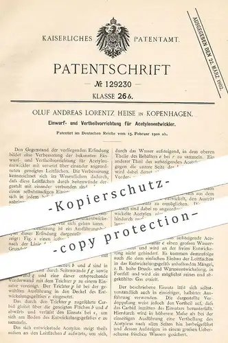 original Patent - Oluf Andreas Lorentz Heise , Kopenhagen , Dänemark , 1900 , Verteiler an Acetylenentwickler | Acetylen