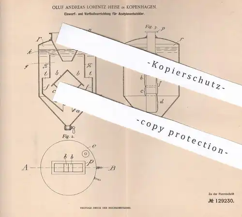 original Patent - Oluf Andreas Lorentz Heise , Kopenhagen , Dänemark , 1900 , Verteiler an Acetylenentwickler | Acetylen