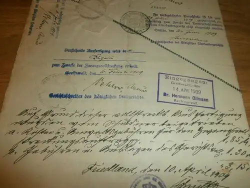 altes Dokument 1909 Friedland , Greifswald , Torgelow , Anklam i. Mecklenburg !!!