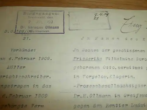 altes Dokument 1909 Friedland , Greifswald , Torgelow , Anklam i. Mecklenburg !!!