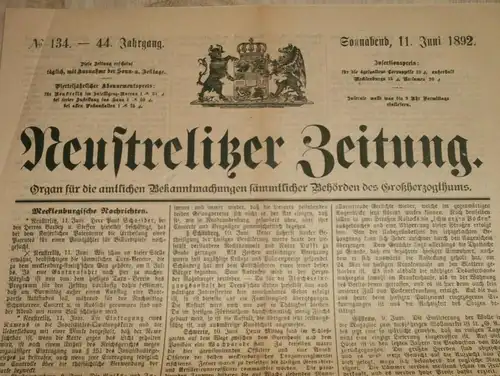 Neustrelitz Zeitung 1892 , mit Reklame / Werbung , Strelitz i. Mecklenburg !!!