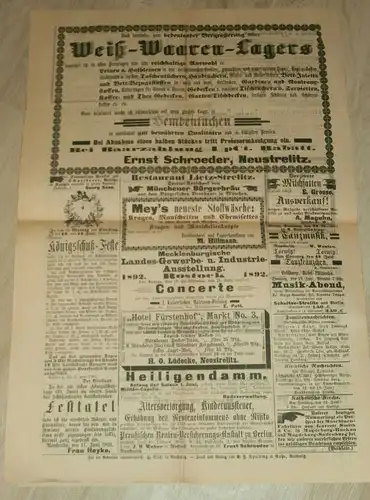 Neustrelitz Zeitung 1892 , mit Reklame / Werbung , Strelitz i. Mecklenburg !!!