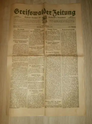 Greifswalder Zeitung 1919 , mit viel Reklame / Werbung , Mecklenburg , Grimmen , Jarmen , Greifswald !!!