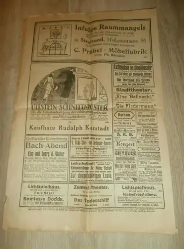 Greifswalder Zeitung 1919 , mit viel Reklame / Werbung , Mecklenburg , Grimmen , Jarmen , Greifswald !!!