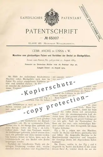 original Patent - Gebrüder Asche , Unna , 1892 , Verlöthen der Deckel an Blechgefäßen | Dose , Blech , Löten , Metall
