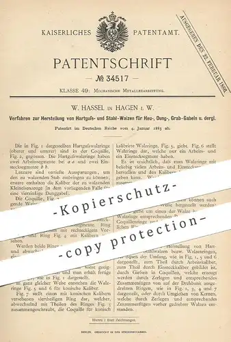 original Patent - W. Hassel , Hagen , 1885 , Herstellung von Hartguss- u. Stahlwalzen | Walzen , Metall , Stahl , Guss